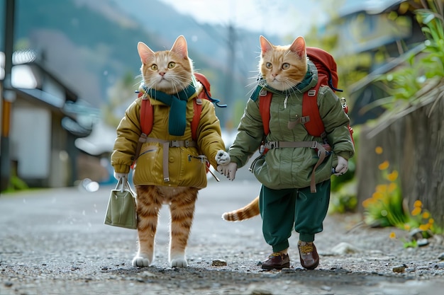 Due carini gatti antropomorfi che camminano sui loro piedi come gli esseri umani stanno in piedi a terra mano nella mano indossando abiti umani all'aperto