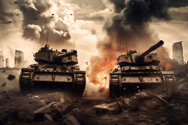 Due carri armati che simboleggiano l'IA generativa di guerra e devastazione