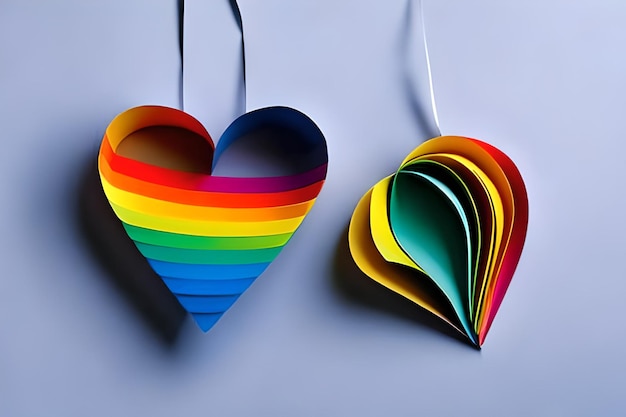 Due carta colorata arcobaleno appesa ritagliata a forma di cuore amore Sfondo di cuore arcobaleno arte carta con forma di cuore effetto 3d in colori vivaci illustrazione vettoriale