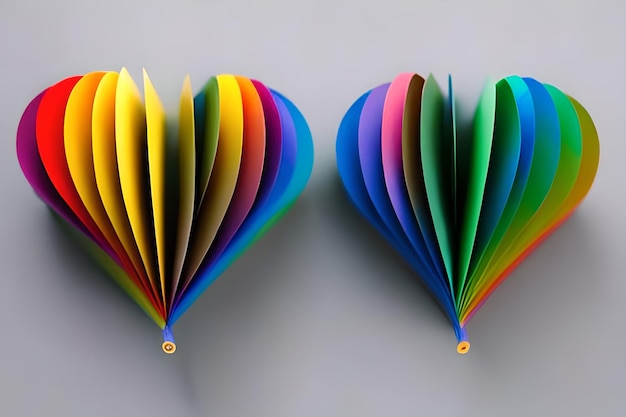 Due carta colorata arcobaleno ritagliata a forma di cuore d'amore Sfondo di cuore arcobaleno arte carta con forma di cuore effetto 3d in colori vivaci illustrazione vettoriale