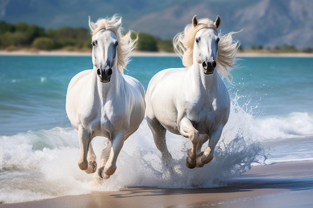 Due cavalli bianchi che corrono sulla spiaggia