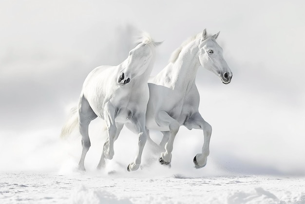 Due cavalli bianchi galoppano insieme su un campo coperto di neve sullo sfondo di una foresta invernale