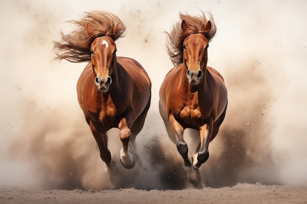 Due cavalli di castagno selvaggio che corrono insieme nella vista anteriore della polvere