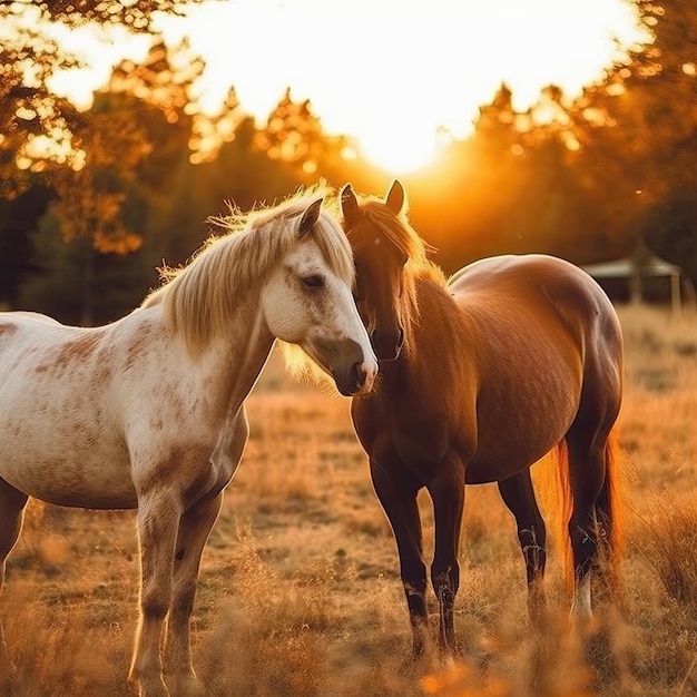 Due cavalli in un campo al tramonto