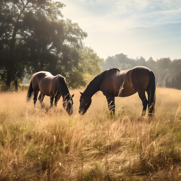 Due cavalli pascolano in un campo sotto il sole.