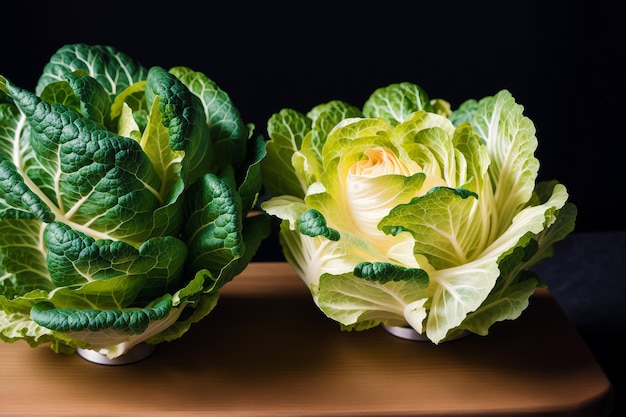 Due cavoli si siedono su un tavolo, uno dei quali è verde e l'altro è verde.