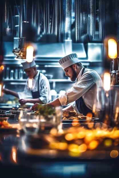 Due chef stanno preparando il cibo in una cucina Immagine di intelligenza artificiale generativa