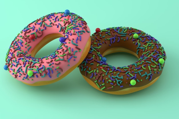 Due ciambelle con glassa e spruzza su un rendering 3D di sfondo verde