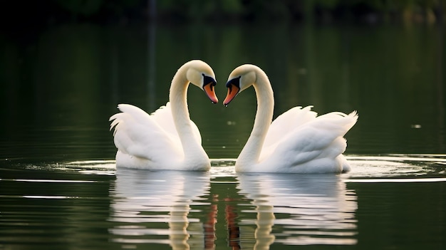 Due cigni bianchi in amore romantico al lago