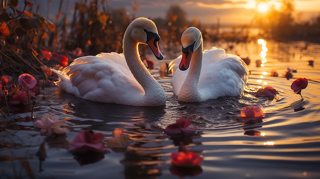 due cigni bianchi su un lago i cigni sono un bellissimo e grazioso cigno nell'acqua il nome è latino