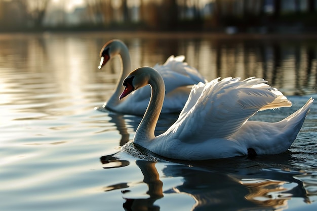 Due cigni che scivolano graziosamente su un lago calmo generato dall'AI