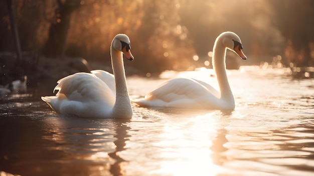 Due cigni nuotano in un lago con il sole che splende sull'acqua