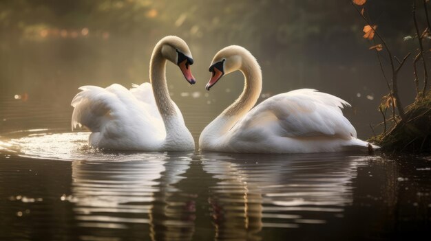 Due cigni stanno facendo una forma di cuore nell'acqua