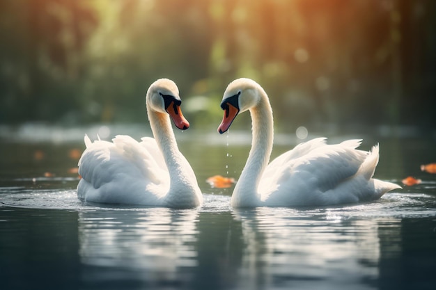 Due cigni su un lago con il sole che splende sull'acqua