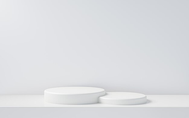 Due cilindri bianchi su un podio su un piedistallo sovrapposto Scena minima per la presentazione Scena minima astratta per il modello di visualizzazione del prodotto Sfondi di studio con podio cilindrico rendering 3d