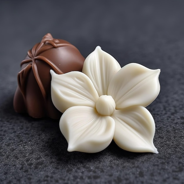 Due cioccolatini con un fiore sul fondo