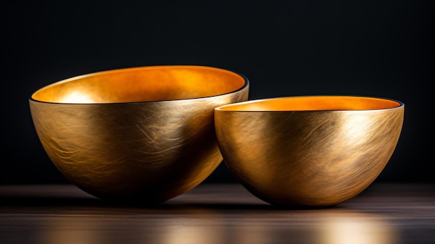 due ciotole d'oro sedute su un tavolo di legno