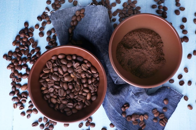 Due ciotole di caffè macinato e chicchi di caffè su fondo di legno blu con materiale jeans