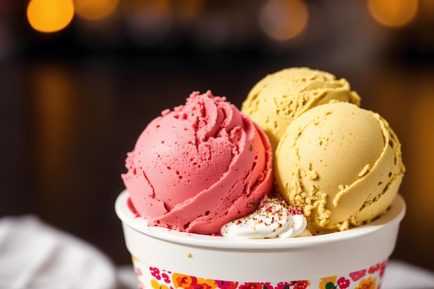 Due ciotole di gelato con una di esse ha una fragola in cima.