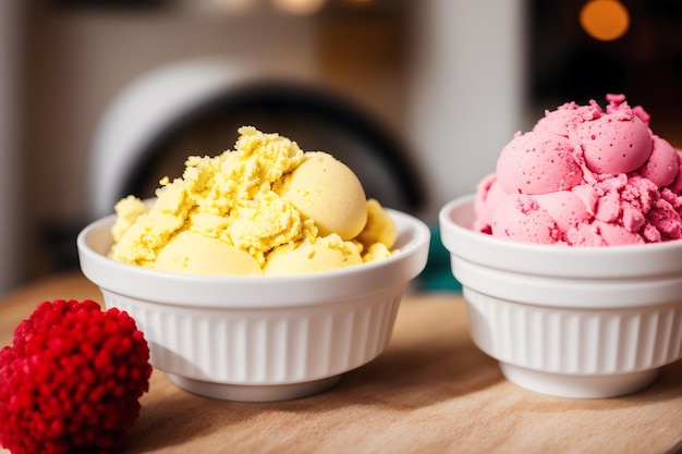 Due ciotole di gelato con una di esse ha una fragola in cima.