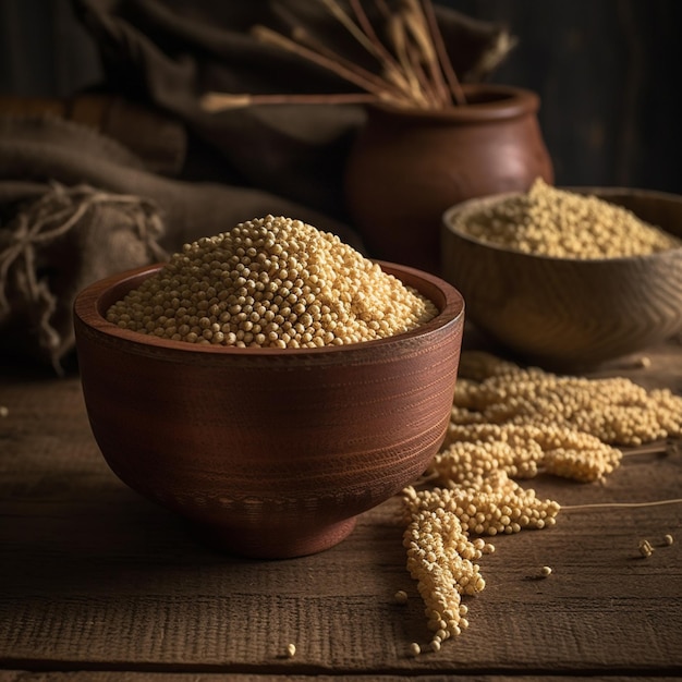 Due ciotole di semi di quinoa siedono su un tavolo di legno.