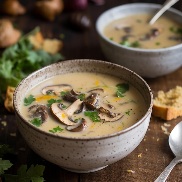 Due ciotole di zuppa di funghi su un tavolo di legno con pane sul lato.