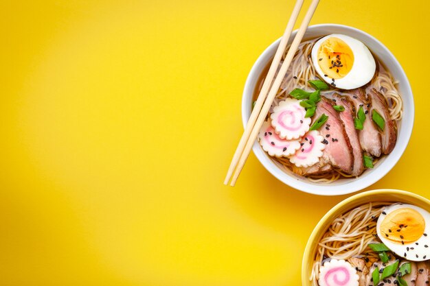 Due ciotole di zuppa di noodle giapponese ramen con brodo di carne, fette di maiale, narutomaki, uova con tuorlo su sfondo giallo pastello. Piatto tradizionale del Giappone, vista dall'alto, primo piano, spazio per il testo