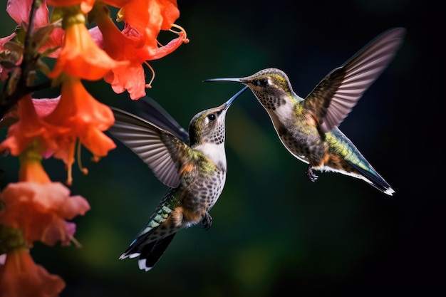 Due colibrì con un fiore rosa AI generativa