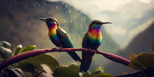 Due colibrì in montagna c'è un arcobaleno sopra la valle gocce di pioggia in primo piano AIGenerato