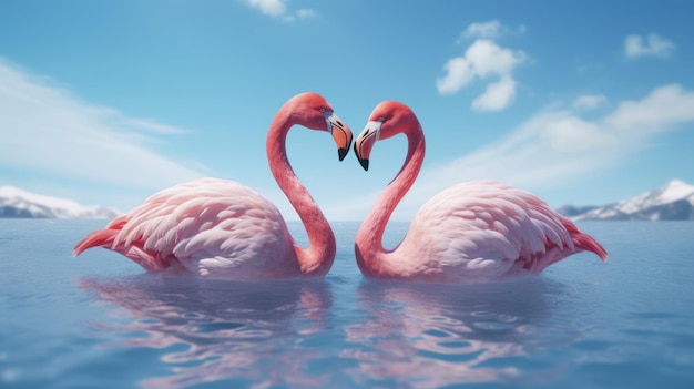 Due colli di fenicotteri che formano la forma di un cuore d'amore sul lago
