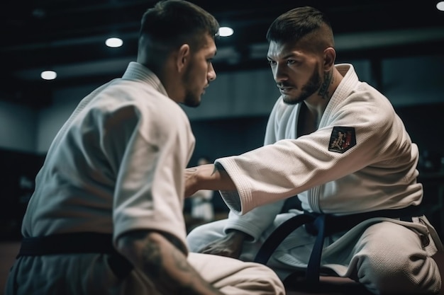 Due combattenti brasiliani di jiu jitsu che si allenano sul tatami Generative AI