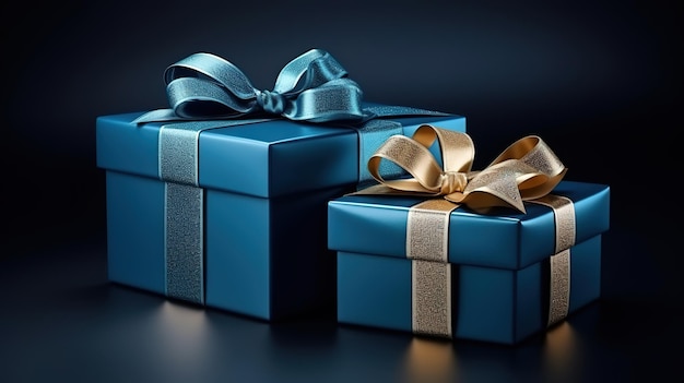 Due confezioni regalo di lusso con fiocco blu su sfondo blu scuro Vista laterale monocromatica Ai generativa