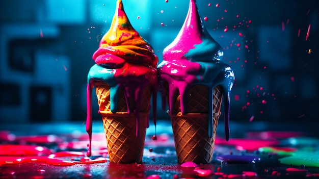 Due coni gelato immersi sono ricoperti di liquido gelato colorato