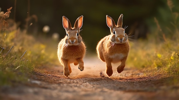 Due conigli che corrono su una strada sterrata