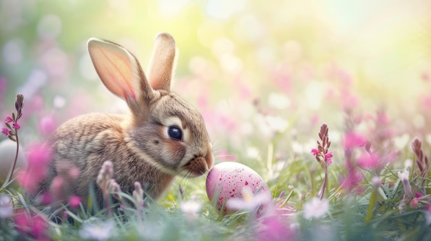 Due conigli con l'uovo di Pasqua in bocca che festeggiano un evento festivo