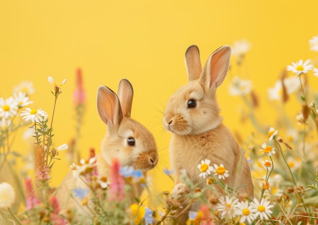 Due conigli seduti in un campo di margherite Natura Animali all'aperto Fauna selvatica