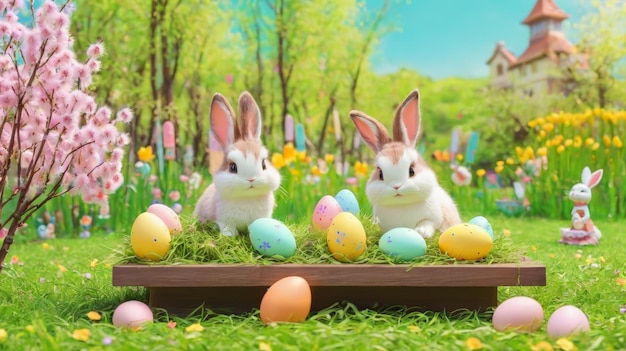 Due conigli seduti vicino alle uova nell'erba
