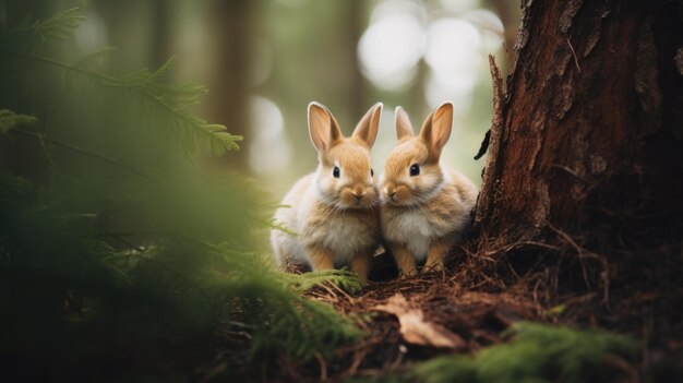 Due conigli sono in piedi nel bosco ai