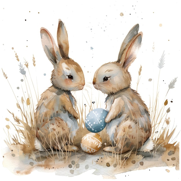 due conigli sono seduti nell'erba con un uovo nell'erba