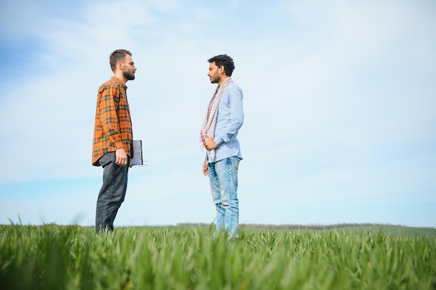 Due contadini indiani in piedi nel campo agricolo Il concetto di agricoltura