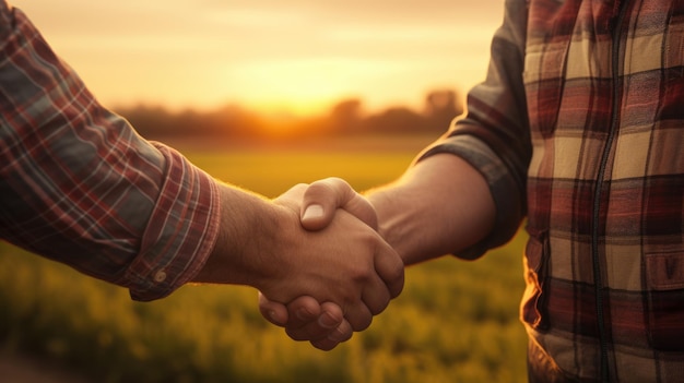 Due contadini si stringono la mano davanti a un campo di grano