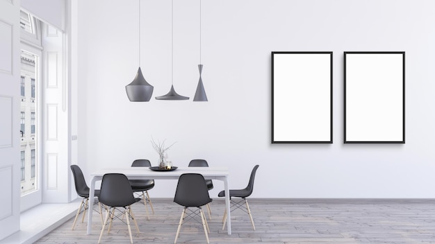 Due cornici nere verticali vuote mockup design per foto e opere d'arte in una sala da pranzo 3d.