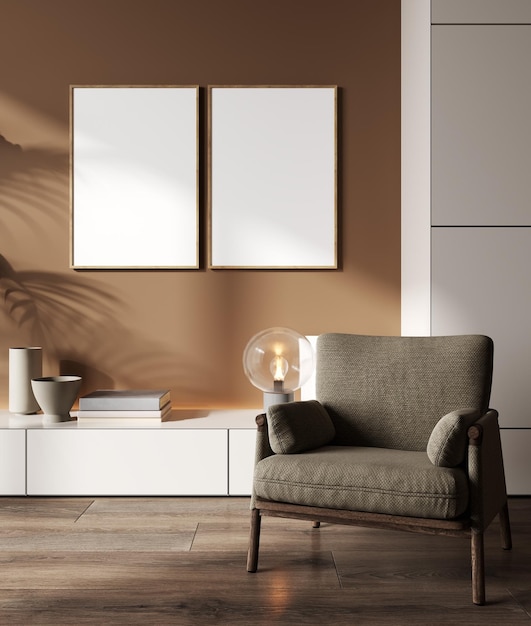 Due cornici vuote mock up in soggiorno moderno interni parete marrone stile minimalista rendering 3d