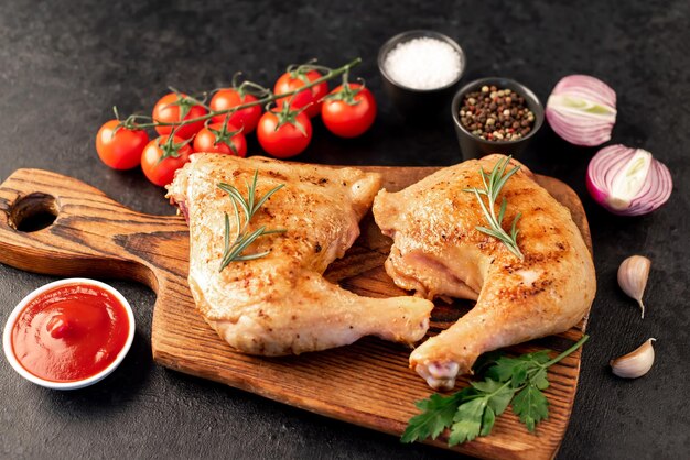 due cosce di pollo alla griglia con spezie ed erbe aromatiche su fondo di pietra