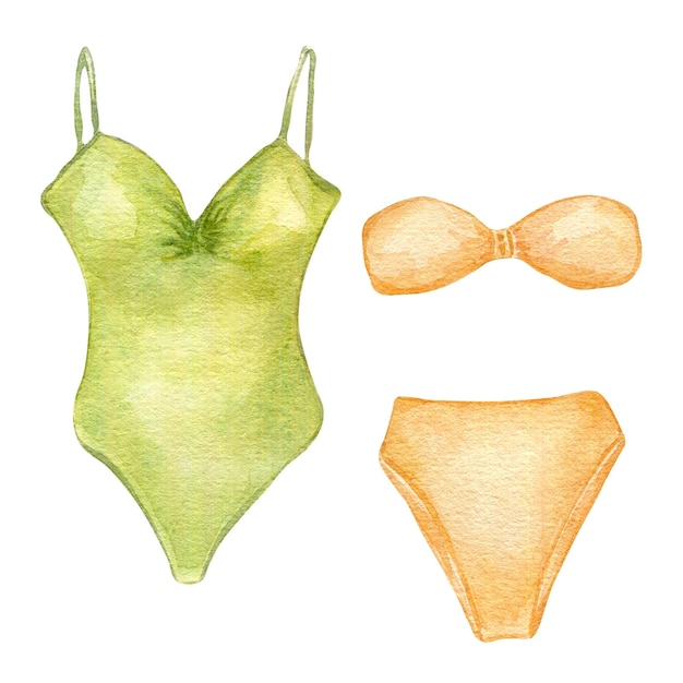 Due costumi da bagno bikini illustrazione dell'acquerello isolato su sfondo bianco vestito della donna accessori estivi della donna disegnati a mano Design per negozio vendita rivista confezione modello vetrina