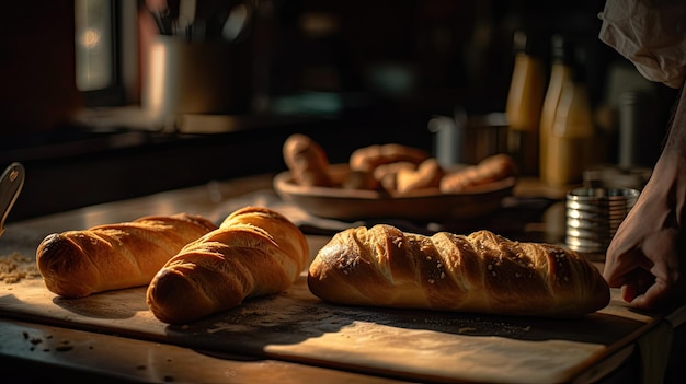 Due croissant su un tavolo con sopra un piatto di prodotti da forno