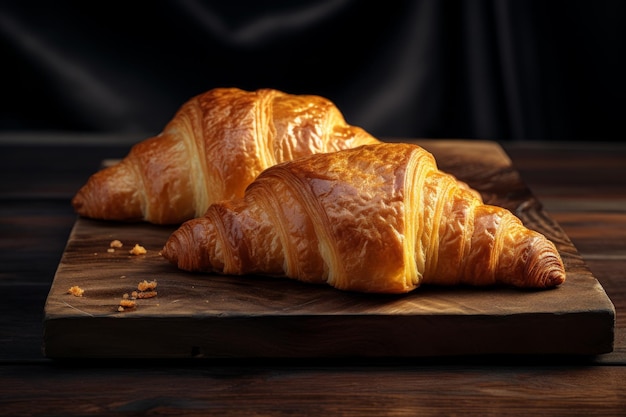 Due croissant su un tavolo da taglio Croissant su una tavola di legno isolato su uno sfondo scuro