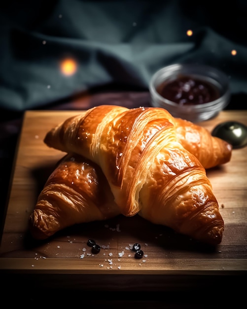 Due croissant su una tavola di legno con una ciotola di marmellata