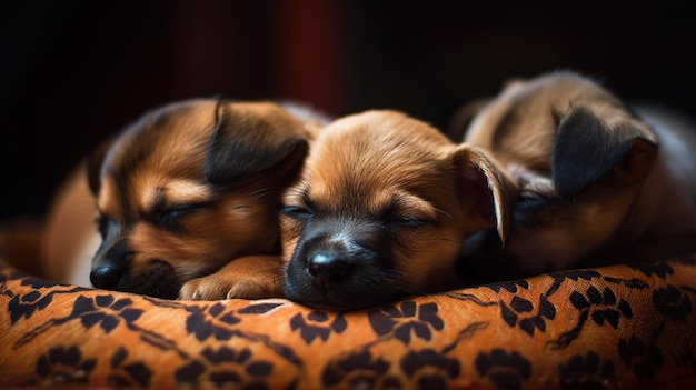 Due cuccioli che dormono su un cuscino con uno che è un cucciolo