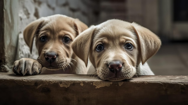 Due cuccioli che osservano sopra una sporgenza